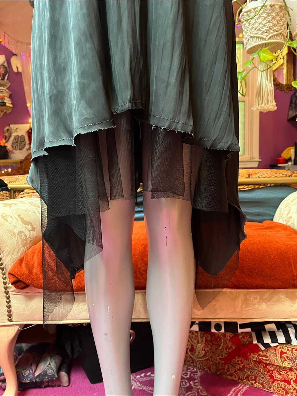 Witchy Goth black + Gray fishnet mesh asymmetrical dress - Picture 3 of 4
